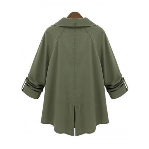 Women Army Green Fold Sleeve Loose Button Pockets Cardigan