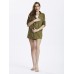 Women Army Green Fold Sleeve Loose Button Pockets Cardigan