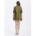 Women Army Green Fold Sleeve Loose Button Pockets Cardigan