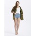 Women Army Green Fold Sleeve Loose Button Pockets Cardigan