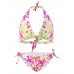 Floral Pattern Backless Bikini Halter Triangle Swimwear Sets