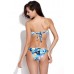 Bluish Patchwork Print V Wire Strapless Bandeau Bikini