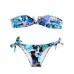 Bluish Patchwork Print V Wire Strapless Bandeau Bikini