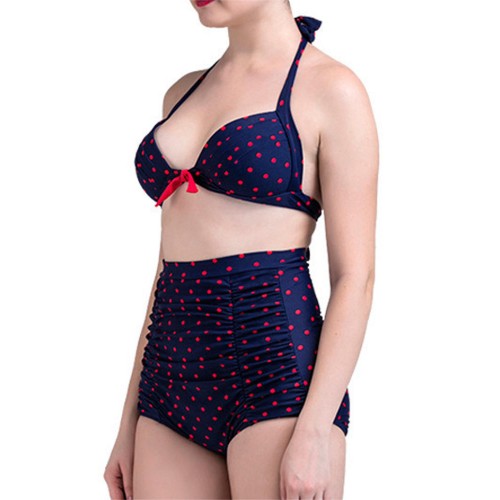 Women Vintage Dots Plus Size Wireless Backless High Waist Bikini Swimsuits