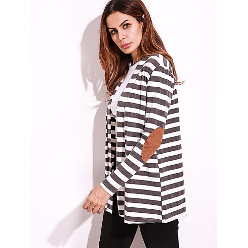 Casual Women Shawl Collar Elbow Patch Striped Open Front Cardigan Long Sleeve