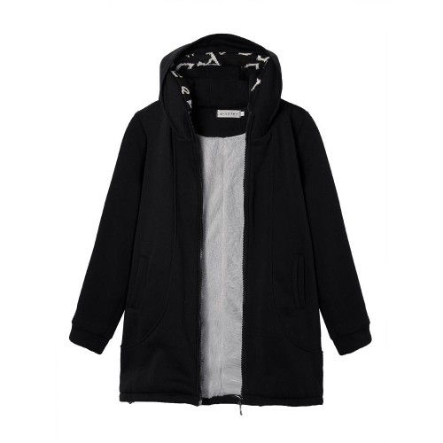 Slim Velvet Patchwork Pocket Long Zipper Hood Coat