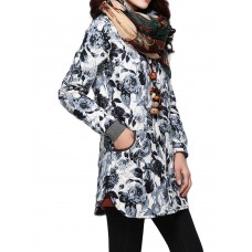 Folk Style Women Lapel Long Sleeve Button Floral Printed Cotton-Padded Coat