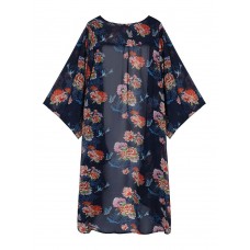 Sexy Women Flower Printed Sheer Chiffon Beach Sunscreen Cardigan