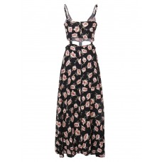 Women Sexy Strap Flower Printed Split Beach Maxi Dress