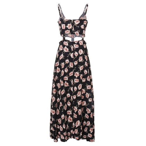 Women Sexy Strap Flower Printed Split Beach Maxi Dress