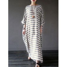 Casual Women 3/4 Sleeve Striped O-Neck Baggy Cotton Maxi Dress