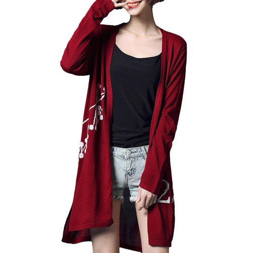 Casual Women Printing Long Sleeve Side Split Knitted Cardigan