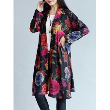 Vintage Women Floral Printing Long Sleeve Loose Long Coat