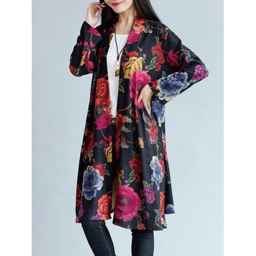 Vintage Women Floral Printing Long Sleeve Loose Long Coat