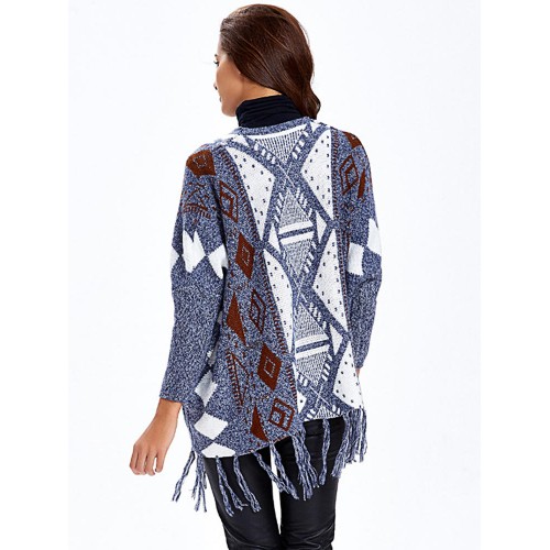 Vintage Women Printing Long Sleeve Tassel Loose Sweater Coat