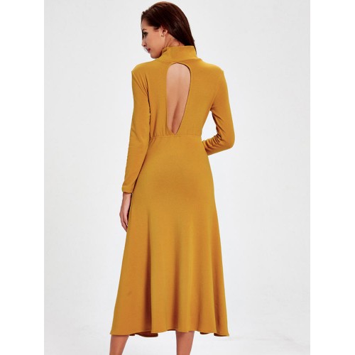 Elegant Women Solid Turtleneck Long Sleeve Hollow Out Backless Maxi Dress