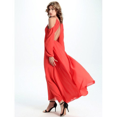 Elegant Women Chiffon Long Sleeve Off Shoulder Solid Maxi Dress