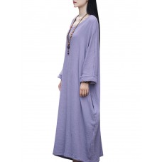 Casual Brief Pure Color Loose Robe Women O-Neck Long Sleeve Maxi Dress