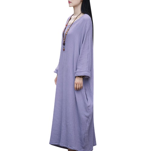 Casual Brief Pure Color Loose Robe Women O-Neck Long Sleeve Maxi Dress