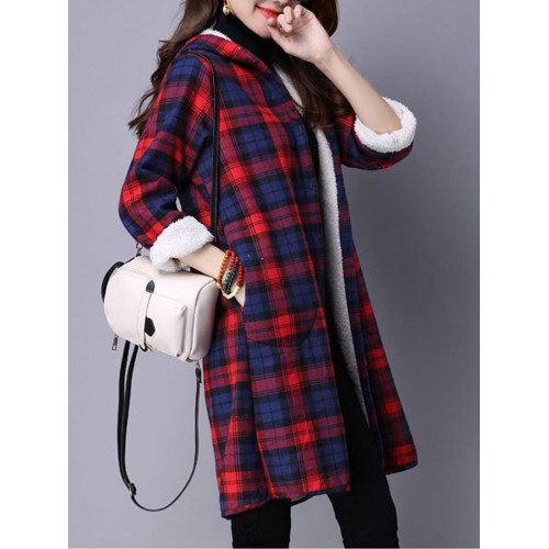 Vintage Plaid Hooded Long Sleeve Loose Thick Coats