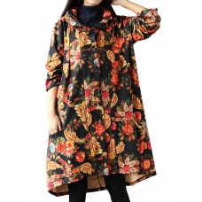 Vintage Floral Printing Long Sleeve Loose Plus Velvet Thick Coat