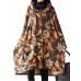 Vintage Floral Printing Long Sleeve Loose Plus Velvet Thick Coat