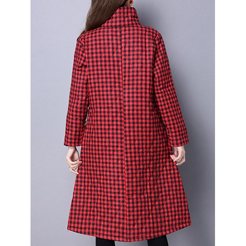 Vintage Turn-Down Plaid Thick Velvet Cotton Padded Women Long Coat