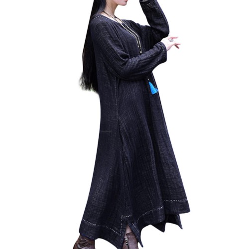 Women Irregular Hem Long Sleeve Vintage Cotton Linen Maxi Dress