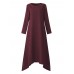 Women Irregular Hem Long Sleeve Vintage Cotton Linen Maxi Dress