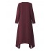 Women Irregular Hem Long Sleeve Vintage Cotton Linen Maxi Dress