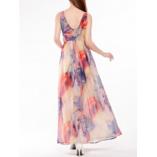 Sexy Women Floral Printed Beach Sleeveless Chiffon Maxi Dresses