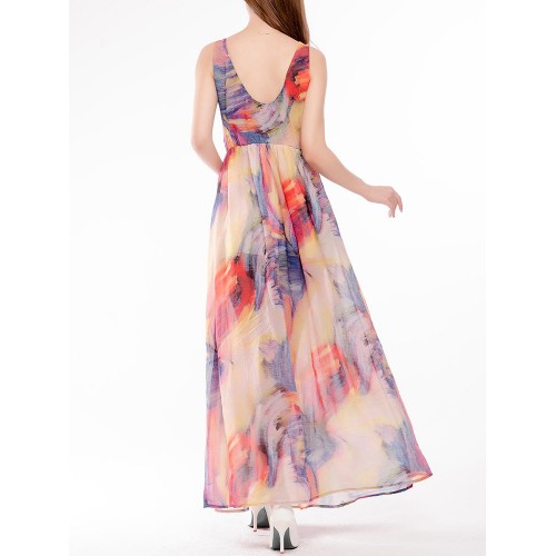 Sexy Women Floral Printed Beach Sleeveless Chiffon Maxi Dresses