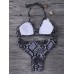 Women Sexy Strappy Halter Bikini Snake Printing Wireless Hollow Out Beachwear Sets