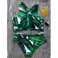 String Leaf Printed Sling Stretchy Bikini Set