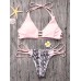 Lace Up Halter Printing Wireelss Hollow Out Bandage Bikini Set