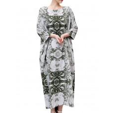 Vintage Women 3/4 Sleeve Ink Printed O-neck Pockets Robe Dresses