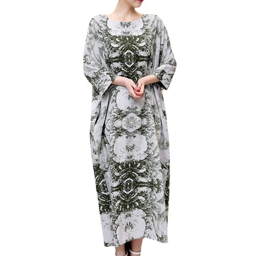 Vintage Women 3/4 Sleeve Ink Printed O-neck Pockets Robe Dresses