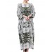 Vintage Women 3/4 Sleeve Ink Printed O-neck Pockets Robe Dresses