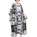 Vintage Women 3/4 Sleeve Ink Printed O-neck Pockets Robe Dresses