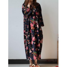 Retro Women Floral Printed 3/4 Sleeve Loose Maxi Dresses