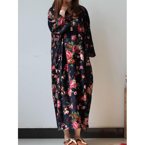 Retro Women Floral Printed 3/4 Sleeve Loose Maxi Dresses