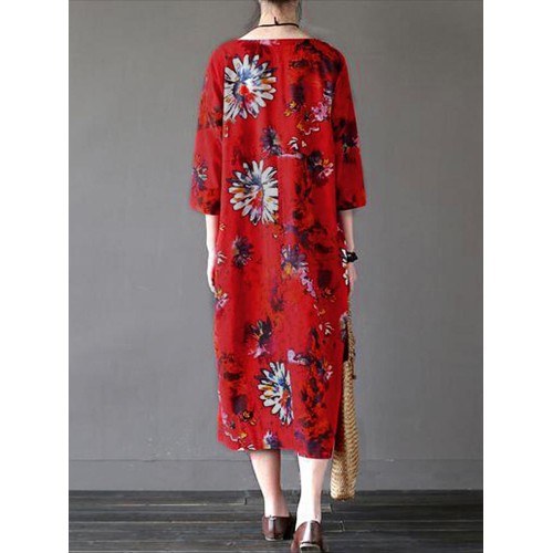 Retro Women Floral Printed 3/4 Sleeve Loose Maxi Dresses With Pocket