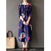 Retro Women Floral Printed 3/4 Sleeve Loose Maxi Dresses With Pocket