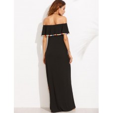 Black Women Off Shoulder Flouncing Split Maxi Dresses