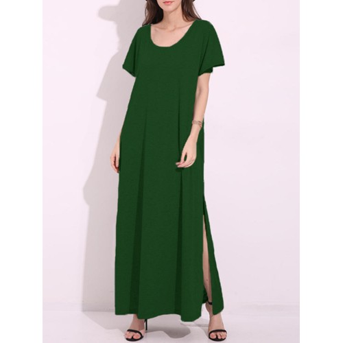 Casual Women Pure Color Scoop Neck Short Sleeve Split Maxi Dresses