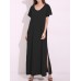 Casual Women Pure Color Scoop Neck Short Sleeve Split Maxi Dresses