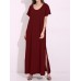 Casual Women Pure Color Scoop Neck Short Sleeve Split Maxi Dresses