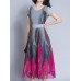 Elegant Women Feather Printed Short Sleeve High Waist Maxi Dress