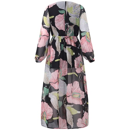 Women Sexy Maxi V-Neck Dress Floral Belted Waist  Long Sleeve Dresses