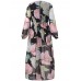 Women Sexy Maxi V-Neck Dress Floral Belted Waist  Long Sleeve Dresses